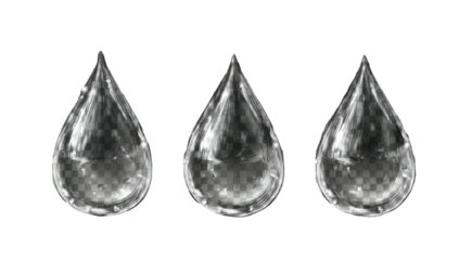 Three realistic, transparent water droplets on a dark background