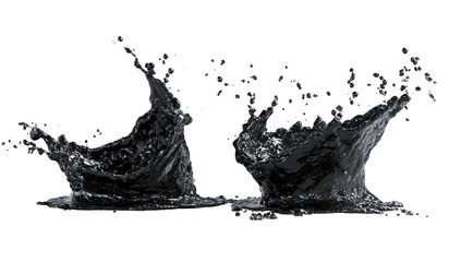 Dark liquid splashes captured mid-air with black background