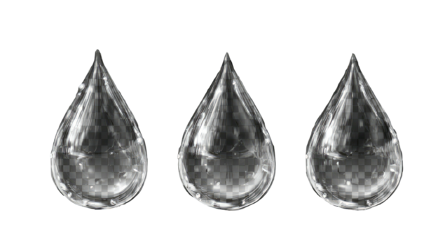 Three realistic, transparent water droplets on a dark background
