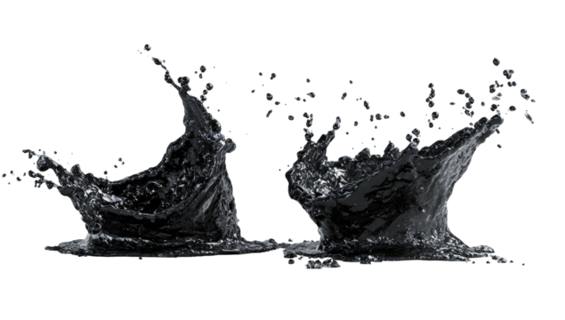 Dark liquid splashes captured mid-air with black background