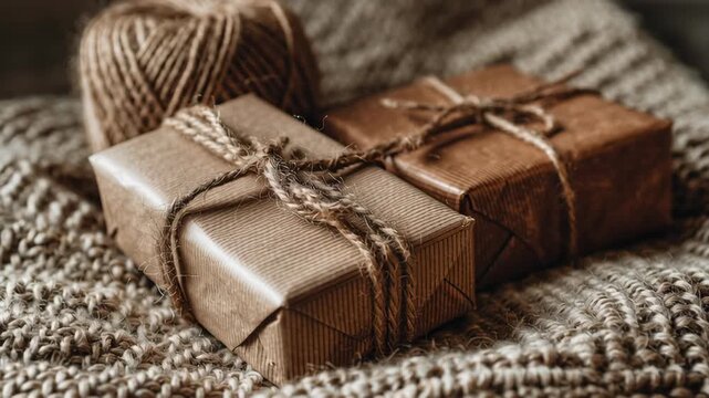 Two brown boxes with brown ribbons tied to them. Close-up of simple wrapped gifts in brown paper and twine, warm natural lighting, rustic country Christmas vibe, country style christmas
