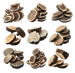 Set of black Himalayan truffles isolated on white transparent background, great for culinary and gourmet themes
