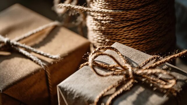 A brown box with a bow on it. Close-up of simple wrapped gifts in brown paper and twine, warm natural lighting, rustic country Christmas vibe, country style christmas