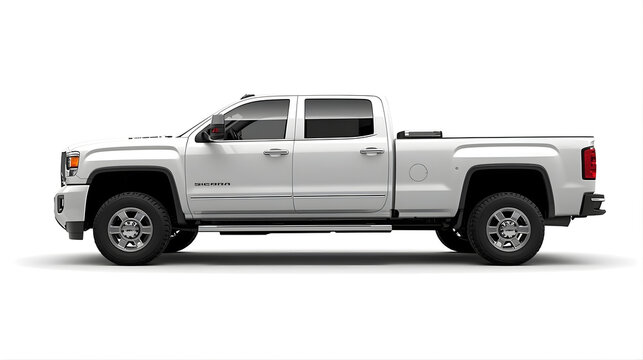 White pickup truck(GMC Sierra)  side profile isolated on a white background.