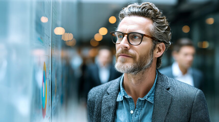 Professional man is reviewing data charts on monitor, blurred colleagues walking behind glass panels, calm corporate atmosphere