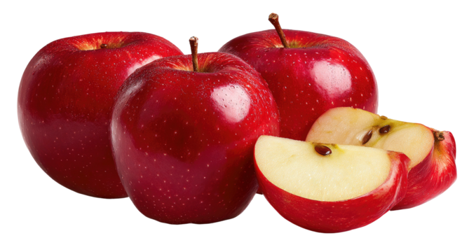 Juicy red apples, whole and sliced, on a dark background