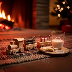 Christmas Eve scene with wooden train, milk, cookie, and fireplace.