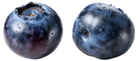 Close-up of two glistening blueberries with dew drops