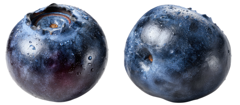 Close-up of two glistening blueberries with dew drops