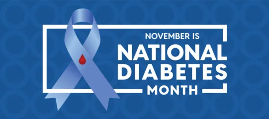 Fotobehang Sportwinkel National diabetes Month - Text and blue ribbon with drop red sign in white line frame on blue background vector design  © ananaline