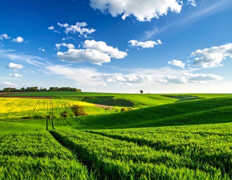 Rolling green hills under a bright blue sky with fluffy white clouds