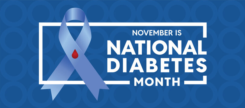National diabetes Month - Text and blue ribbon with drop red sign in white line frame on blue background vector design