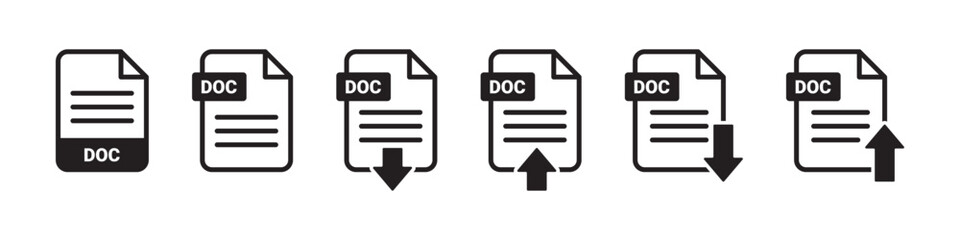 DOC file icons with download and upload arrows, representing word document management, transfer, and digital content sharing