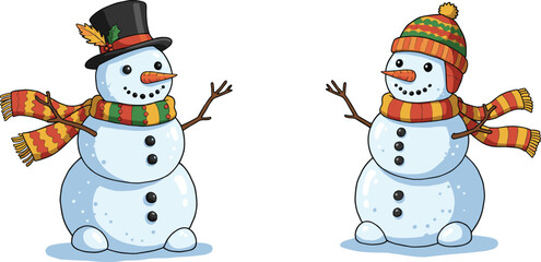 Cartoon snowman duo in winter attire, festive vector illustration with top hat, knit cap, and striped scarves for holiday and seasonal themes