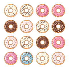Cute cartoon donut collection illustration isolated on transparent background