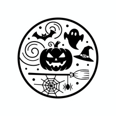 Halloween Icons Silhouette Set: Jack-o'-lantern, Ghost, Cauldron, Witch Hat, Spooky Tree, and Bat.