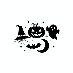 Halloween Night Circle Icon with Jack-o'-Lantern, Ghost, Bats, and Witch Hat - Monochrome Graphic Vector Illustration