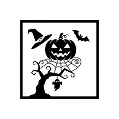 Black Halloween Jack-o'-lantern Icon with Witch Hat, Spooky Tree, Bat, Spiderweb, and Spider - Silhouette Graphic