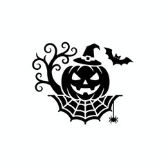 Spooky Halloween Pumpkin Silhouette Icon with Witch Hat, Bat, Spider, and Twisted Tree.