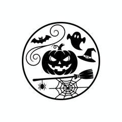 Halloween Silhouette Icon Set. Spooky Circle Design with Jack-O'-Lantern, Ghost, Bat, Witch Hat, Spider Web, and Broomstick.