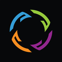 Abstract circular logo with four curved segments in blue green orange and purple on black symbol