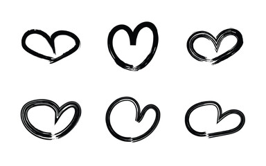 Collection of six hand drawn black heart shapes with a distressed brush stroke texture