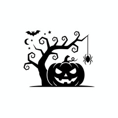 Halloween Jack-O'-Lantern Icon with Witch Hat and Bat Silhouette Vector Graphic