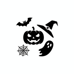 Black and white Halloween icon of a scary Jack-o'-Lantern pumpkin topped with a ghost, set against a night sky with a crescent moon and flying bats.