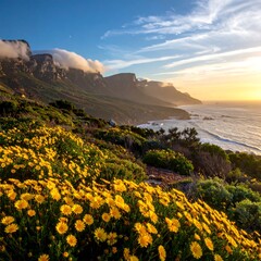 Fototapeta premium Scenic coastal landscape with blooming yellow flowers & mountains at sunset