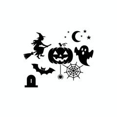 Spooky Halloween icons set: Jack O'Lantern, ghost, bat, witch hat, and spider silhouettes vector graphic.
