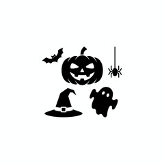 Halloween Icons Set: Jack-o'-Lantern, Ghost, Bat, Witch Hat, and Spider Silhouettes