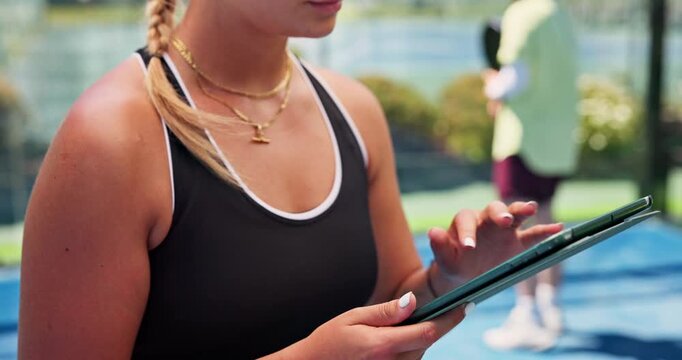 Hands, padel and tablet with person on court for fitness schedule, online booking or planning. Agenda, app and scrolling with sports athlete or tennis player outdoor for exercise or workout time slot - Powered by Adobe