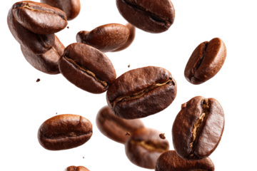 Roasted coffee beans suspended in mid-air against a dark background