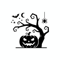 Spooky Halloween Vector Icon: Jack-O'-Lantern, Bat, Ghosts, and Witch Hat Silhouette on Black