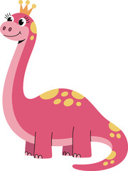 Cute pink dinosaur with crown, cartoon sauropod character for kids, whimsical vector illustration, playful prehistoric animal, smiling dino princess design