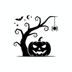 Halloween Silhouette Icons Set: Jack-o'-lantern, Ghost, Bat, Witch Hat, and Spider. Graphic vector illustration for spooky holiday design.