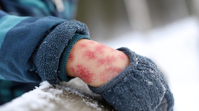 Close-up of a person's hand with red rash and irritation in cold weather outdoors