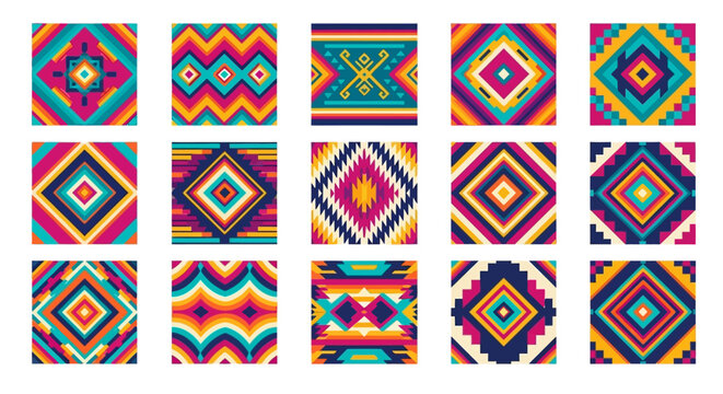 Vibrant collection 15 colorful geometric patterns in grid layout, featuring diamond shapes, zigzags, and stripes in southwestern or tribal aesthetic, isolated on