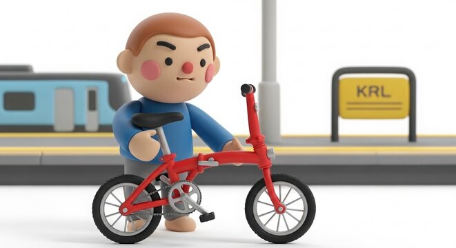 Cartoon Man with Red Folding Bike at Train Station 3D Render.