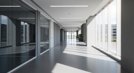 Bright Contemporary Corporate Long Hallway with Office Windows and Interior Plants