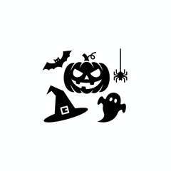Spooky Halloween Night Icon: Jack-o'-Lantern, Black Cat, Dead Tree, and Bat Silhouette Graphic