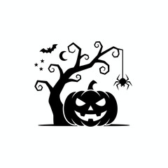 Halloween spooky icons black silhouette vector collection featuring pumpkin, ghost, witch hat, moon, and bats on a white background