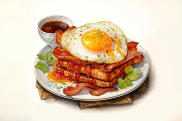 breakfast with toast, fried eggs, bacon, vegetables, and coffee on a plate for morning food and restaurant concept