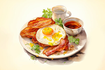 breakfast with toast, fried eggs, bacon, vegetables, and coffee on a plate for morning food and restaurant concept