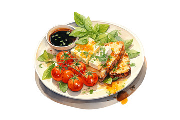 breakfast plate with cheese, toast, soy sauce, vegetables, and tomatoes vector illustration on white isolated background for healthy food and morning meal concept