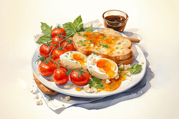 breakfast with toast, fried eggs, tomato, vegetables, and coffee on a plate for morning food and restaurant concept
