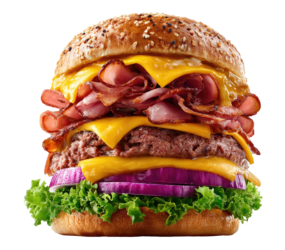 A towering double cheeseburger with crispy bacon and fresh toppings