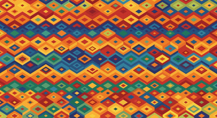 Vibrant, colorful abstract geometric pattern composed repeating diamond shapes in mosaic style, creating textured
