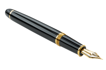 Stylish black fountain black pen vintage style. Realistic equipment stationery template pattern. Fountain pen is that can hold ink in cartridge. Isolated on cut out PNG or transparent background.