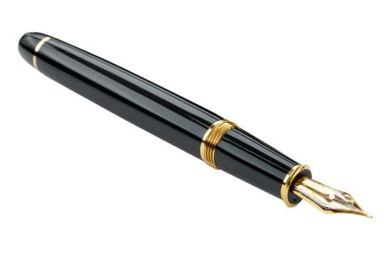 Stylish black fountain black pen vintage style. Realistic equipment stationery template pattern. Fountain pen is that can hold ink in cartridge. Isolated on cut out PNG or transparent background.	